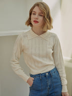 Mikako｜ケーブルポロ ホワイトニットセーター