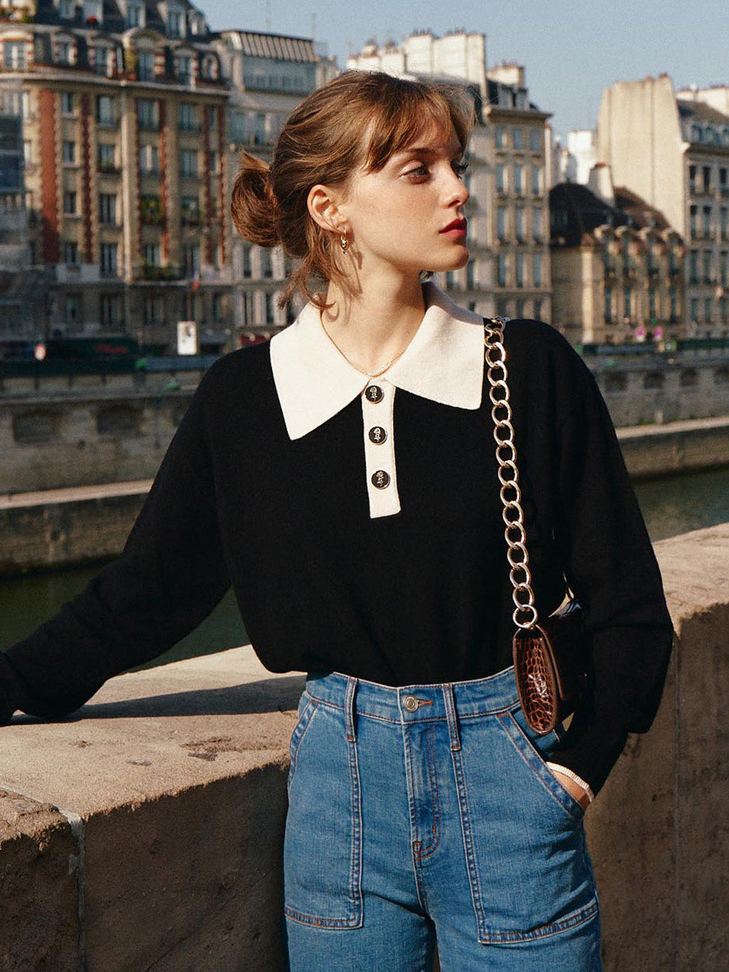 Mitsuki｜ブラック ポロ ニットセーター コントラストカラー付き