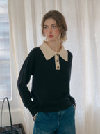 Mitsuki｜ブラック ポロ ニットセーター コントラストカラー付き