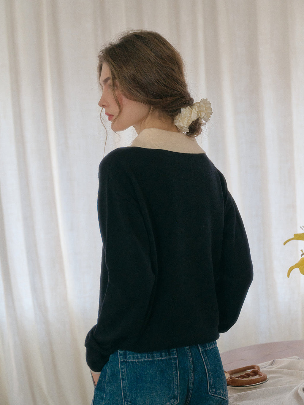 Mitsuki｜ブラック ポロ ニットセーター コントラストカラー付き