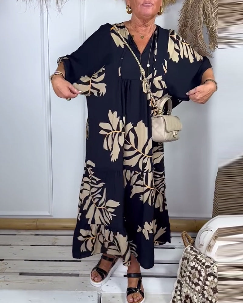 Madoka | ゴールデンリーフプリントのリラックスブラックドレス