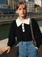 Mitsuki｜ブラック ポロ ニットセーター コントラストカラー付き